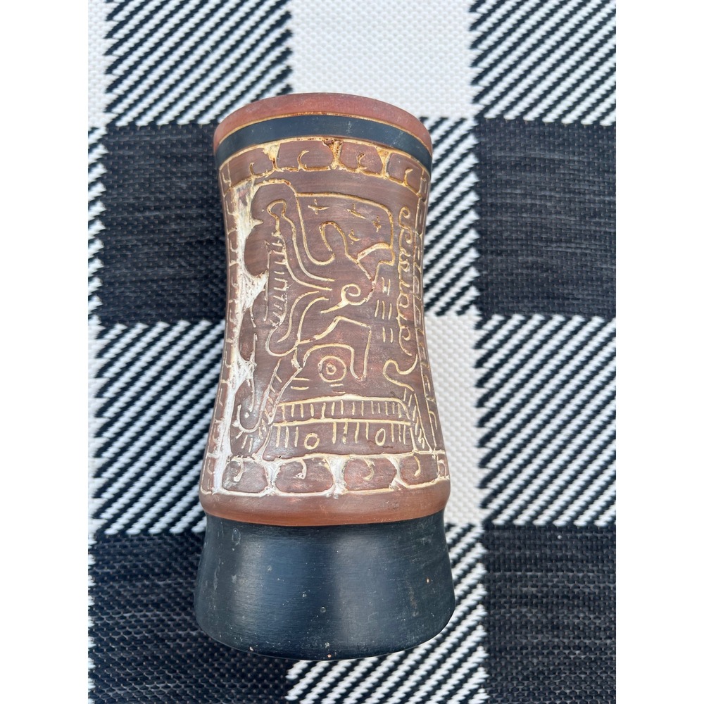 Armando de Mexico Hand Carved Pottery Vase Mayan Aztec Glyphs Folk Art 8 Inch